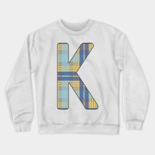 Monogram Letter K, Blue, Yellow and Grey Scottish Tartan Style Typography Design Crewneck Sweatshirt